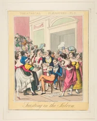 Teatrala nöjen, tavla 5: Fest i salongen, ca. 1835.