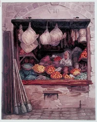 En kvinna som säljer frukt och grönsaker, Alger, ca 1835 (akvarell på papper)