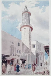 Moskéns minaret på Rue de Chartres och Rue Bab-Azoun, Alger (akvarell på papper)