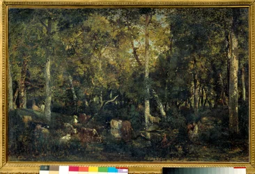 Träinteriör kallad Gamla sovsal i Bas-Breau (Fontainebleau-skogen) Målning av Theodore Rousseau (1812-1887) 1836 Sön. 0,65x1,03 m Paris, Orsay-museet