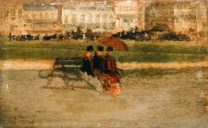 Damer sittande på en strand i Cannes (olja på pannå)