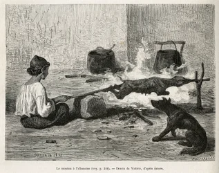 En ung montenegrin steker ett får tillsammans med albanen, sittande framför elden och ständigt vridande på träspettet. Gravyr efter Valerios teckning, för att illustrera Charles Yriartes resa till Dalmatien 1874, publicerad i "Le Tour du monde"