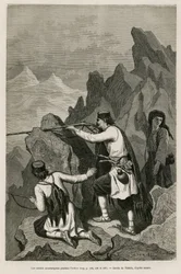 Montenegrinska soldater i strid under kriget 1876, då Serbien och Montenegro förklarade krig mot det osmanska Turkiet, teckning av Valerio för att illustrera Charles Yriartes (1832-1898) resa till Montenegro 1874. Gravyr i "Le Tour du monde"