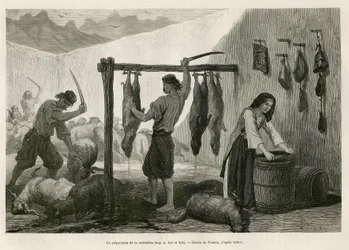 Tillagningen av castradina, en specialitet av saltat och rökt får- och getkött, mot slutet av oktober i Dalmatien (Istrien och Hercegovina (Kroatien)), teckning av Valerio som illustration till Charles Yriartes resa till Montenegro 1874