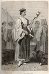Kvinna från Sebenico (Serbien), som använder spindlar för att spinna ull, på torget. Gravyr efter ritningen av Theodore Valerio, för att illustrera en berättelse om Dalmatien, av Charles Yriarte, 1874, publicerad i "" Le tour du monde""" 1876, redigerad av