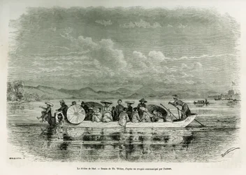 En båt på floden Hue (Vietnam), teckning av Th. Weber, för att illustrera historien om åtta dagars ambassad i Hue (Kingdom of Annam), 1875, av Mr. Brossard de Corbigny, löjtnant (N), knuten till uppdraget. Gravyr i Le tour du monde