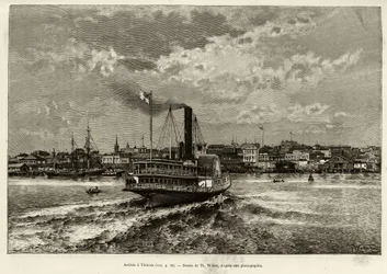 Ankomst till Victoria, Kanada. Gravyr av Th.Weber, för att illustrera berättelsen ""Transcanadien och Alaska"" av E.Cotteau, 1890, i Le tour du monde, nouveau journal des voyages, redigerad av Edouard Charton (1807-1890), 2:a terminen 1891 , upplaga Hachet