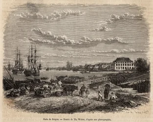 La rade de Saigon, gravyr efter en teckning av T. Weber, som illustrerar resan till Cochinchina, av doktor Morice, 1872, publicerad i "" Le tour du monde""" 1875, redigerad av Edouard Charton, Hachette-upplagan, Paris. Selva samling.