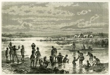Livet på stranden av floden Zambeze, marutserna är mycket bekymrade över sin renhet och tvätt för dem är en aktivitet av första nödvändighet. Gravyr av Th. Weber, för att illustrera berättelsen "Au pays des Marutses", 1875-1879, av Dr. Emile Holu
