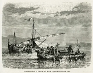 Svampfiskare i Nafpliobukten, teckning av The. Weber, för att illustrera historien om en resa till Grekland 1861, 1868 och 1874, av Henri Belle. Gravyr i Le tour du monde