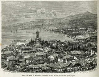 Staden Jalta, hämtad från Massandra, teckning av Th.Weber, för att illustrera berättelsen Fyra månader i Ryssland, 1876, av F. De Mely. Gravyr i Le tour du monde