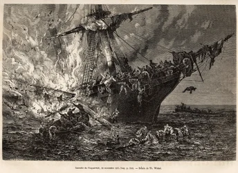 Elden från Cospatrick, ett brittiskt fartyg som fraktade mer än 400 emigranter till Nya Zeeland, den 19 november 1874, graverad efter en teckning av T. Weber, som illustrerar studiet av stormar och resor, av Mr. Zurcher och Mr. Margolle, i 1870-1874, publi