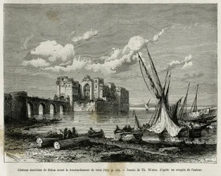 Sjöborgen Sidon före bombardementet 1840. Gravyr av Th. Weber, för att illustrera berättelsen La Syria d