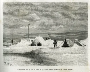 Det meteorologiska observatoriet installerades i bukten Koljutschin (polcirkeln), medan fartyget La Vega fångades i isen och besättningen förberedde sig för övervintring. Gravyr av Th.Weber, för att illustrera berättelsen "" resan av Vega runt Asien a