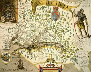 Sloane MS 1622 Karta över Virginia, som i övre vänstra handen visar en bild av Chief Powhatan av John Smith (1580-1631) 1624 (handfärgad gravyr)