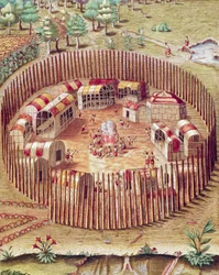 En Pomeiok indisk befäst by, Illustration från Admiranda Narratio, av Theodore De Bry
