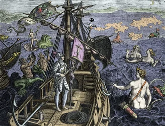 Allegorie des voyages de Christopher Columbus (1451-1506), gravyr från "Historia America sive Novi Orbis" av Theodor de Bry (1527-1598), Amsterdam 1594