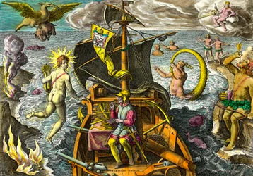 Allegori på navigatören Fernand de Magellans (1480-1521) resor, skildrar på sitt skepp med hjälp av en armillarsfär och omger mytologiska karaktärer och fantastiska djur. Gravyr från "Admirante Narratio Americae"" av Theodore de Bry (1528-159)
