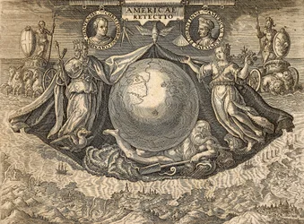 Allegori över Västindien eller Amerika, med porträtt av navigatörerna Christopher Columbus och Amerigo Vespucci