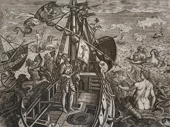 Allegori över Christofer Columbus resa till upptäckten av Nya världen, gravyr av Theodor de Bry (1528-1598)
