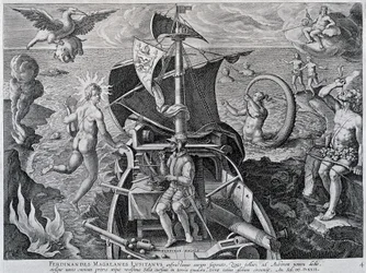 Allegori om Ferdinand Magellans resor (1480-1521), av Theodor de Bry (1528-1598)