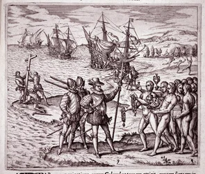 Kristoffer Columbus ankomst till ön Hispaniola i Västindien (gravyr)