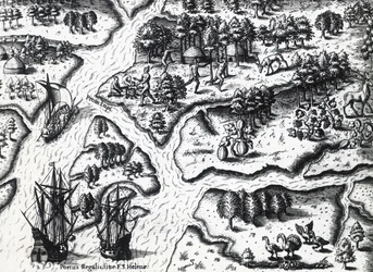 Fransmans ankomst till Port Royal 1564, av Theodor de Bry (1528-1598) från målning av Jacques le Moyne de Morgues (ca 1533-före 1588), gravyr