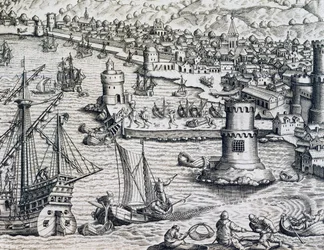 Ankomst av Girolamo Benzoni i hamnen i La Palma, gravyr från Historia Americae, av Theodor de Bry (1528-1598), Frankfurt