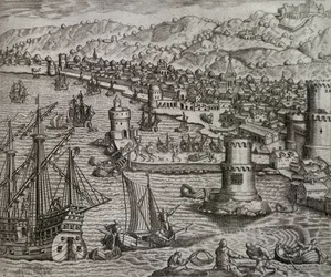 Ankomst av Girolamo Benzoni i hamnen i Las Palmas under hans resa till Amerika (1541), Kanarieöarna, gravyr av Theodor de Bry (1528-1598)