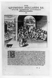 De nederländska ledarnas ankomst till Guinea: Förhandlingen om köp av slavar avsedda att säljas vidare till de spanska conquistadorerna, ur "Petits Voyages", 1585-88