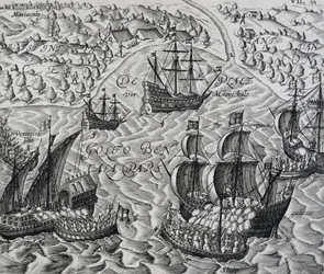 Strid framför staden Matical i Bengaliska viken, gravyr från Indiae Orientalis, av Theodor de Bry (1528-1598)