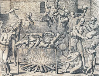 Kannibalism bland stammar i Brasiliens inland, gravyr ur Theodore de Brys (1528-1598) Amerikanska historia, Frankfurt, Sydamerika
