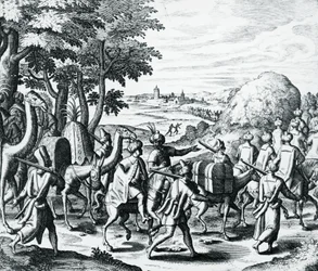 Karavan av arabiska köpmän som reser från Aleppo till Basra, gravyr från Grands and Petits Voyages, av Theodor de Bry (1528-1598), Mellanöstern