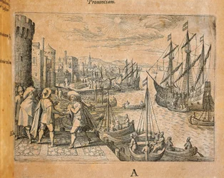 Karaveller på väg till den nya världen, Spanien, gravyr av Theodor de Bry (1528-1598)
