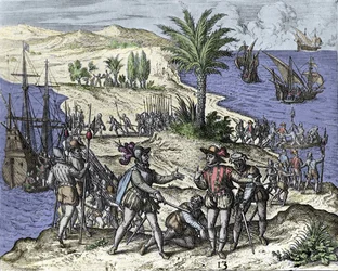 Christofer Columbus och hans bror arresterades av Francisco de Bobadilla år 1500. Gravyr av Théodore de Bry (1528-1598).