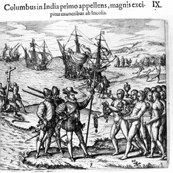 Christopher Columbus anländer till Västindien. Gravyr av Theodore de Bry i ""Amazing Story - America""