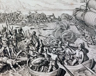Krock mellan infödda indianer och spanska trupper, gravyr från Historia Americae, av Theodor de Bry (1528-1598), Frankfurt