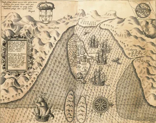 Moçambiques kuster från Ostindien av Johannes Hugonis Linschooten och Theodore de Bry, gravyr