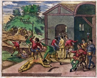 Spanska kolonisters grymhet mot indianerna, Mexiko, ca 1550
