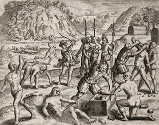 Beskrivning av brott som spanska bosättare begick mot indianer - Conquistadorer massakrerar en indianby. Handamputationer - Gravyr av Theodore de Bry i «Narratio regionum indicarum per Hispanos quosdam devastatarum verissima» av Bartolomé de las Casas