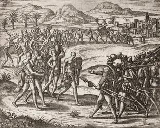 Beskrivning av brott som tillfogats indianer av spanska bosättare - indianer som ger gåvor och guld till conquistadorerna - gravyr av Theodore de Bry i " "Berättelsen om några av de förkrossade spanska spanjorerna