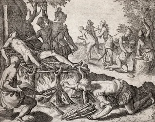 Beskrivning av brott som tillfogats indianer av spanska bosättare - Scen för tortyr av indianer av spanska conquistadorer. Tortyr på en grill, amputation av händer - Gravyr av Theodore de Bry i "" Narratio regionum indicarum per Hispanos quosdam devastatar