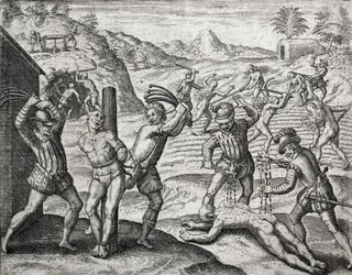 Beskrivning av brott som tillfogats indianer av spanska bosättare - Spanjorer som torterar indianer - Gravyr av Theodore de Bry i "Brevisima Relacion de la Destruction de las Indias"" av Bartolome de las Casas (1484-1566)