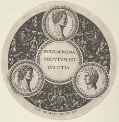 Design för ett fat med porträtt av de romerska kejsarna Caesar, Claudius och Otho, ca...., ca. 1588.