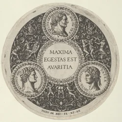 Design för ett fat med porträtt av de romerska kejsarna Vitellius, Domitianus och August..., ca. 1588.