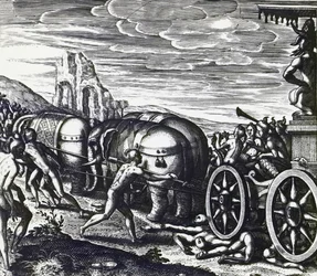 Anhängare som krossas av vagn under procession av idol, av Theodor de Bry (1528-1598), gravyr