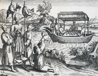 Dignitärernas gata, från resa som genomfördes av Jan Huyghen van Linschoten (1563-1611) mellan 1583 och 1592, gravyr från India Orientalis av Theodor de Bry (1528-1598), Kina