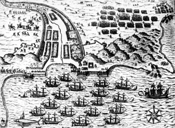 Drake erövrade båten "" Saint Giacomo"" på ön Capo Verde, 1585, av De Bry