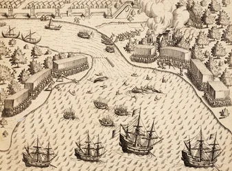 Holländare anländer till Madura Island, Java, gravyr från arbetet India Orientalis, av Theodor de Bry (1528-1598), Indonesien