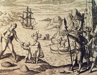 Den holländska kaptenen Sebald de Weert landar på Guyanas kust, från Historia americae, av Theodor de Bry (1528-1598), Frankfurt